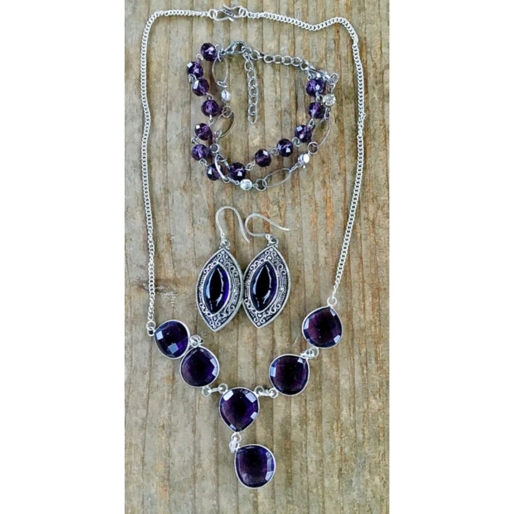 Amethyst gypsy/boho set of earrings, necklace, and bracelet, artisan made